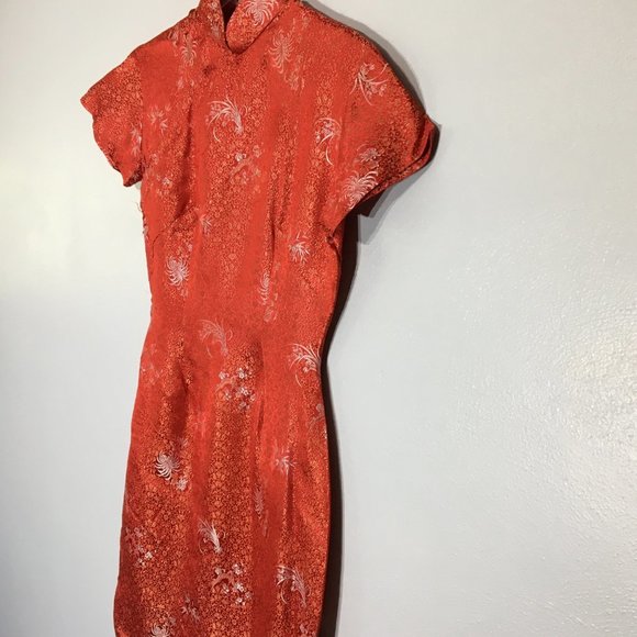 Vintage 60s Red Brocade Asian Chinese Cheongsam Dress Qipao Traditional (T3) - Picture 6 of 16